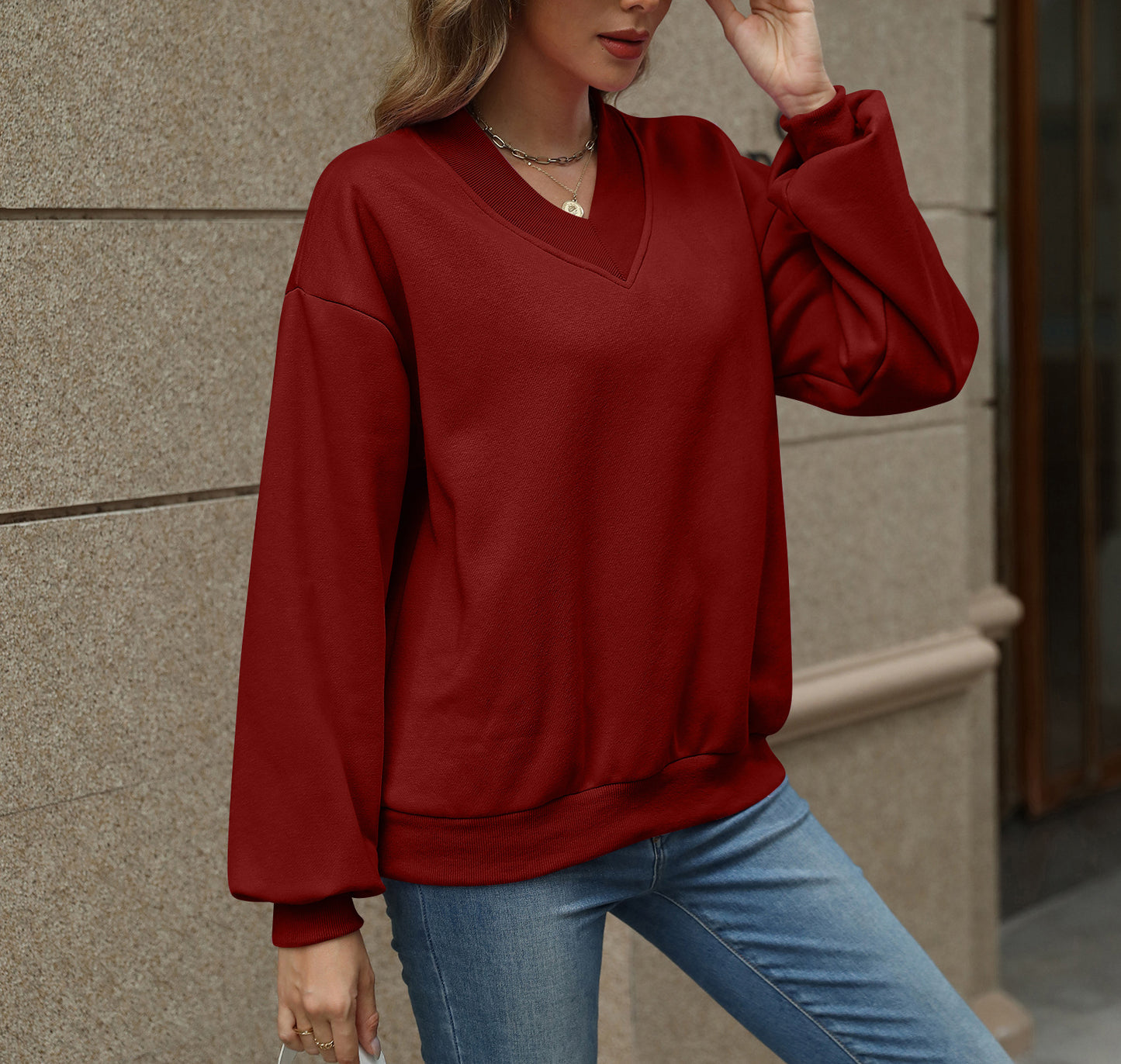 Colorblock V Neck Fleece Sweatshirt Women Casual Pullover Top