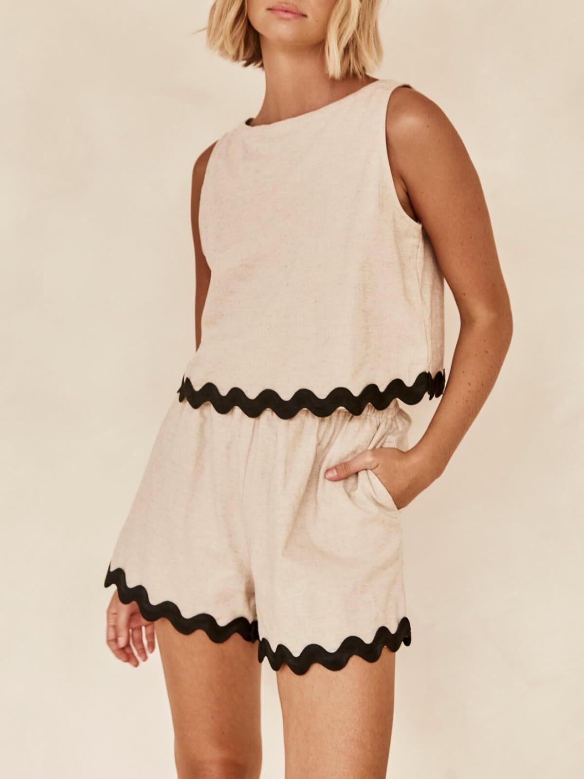 Linen Lace Two-Piece Set - Summer Crew Neck Vest & Shorts