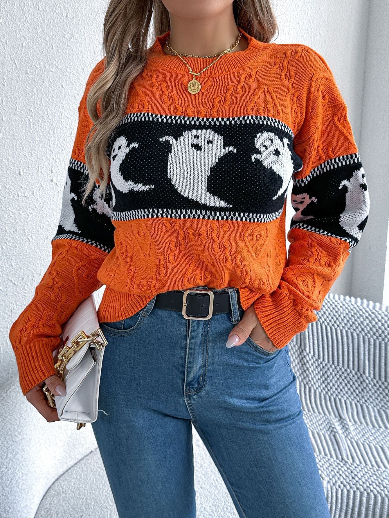 Ghost Print Colorblock Sweater - Halloween Fall Pullover