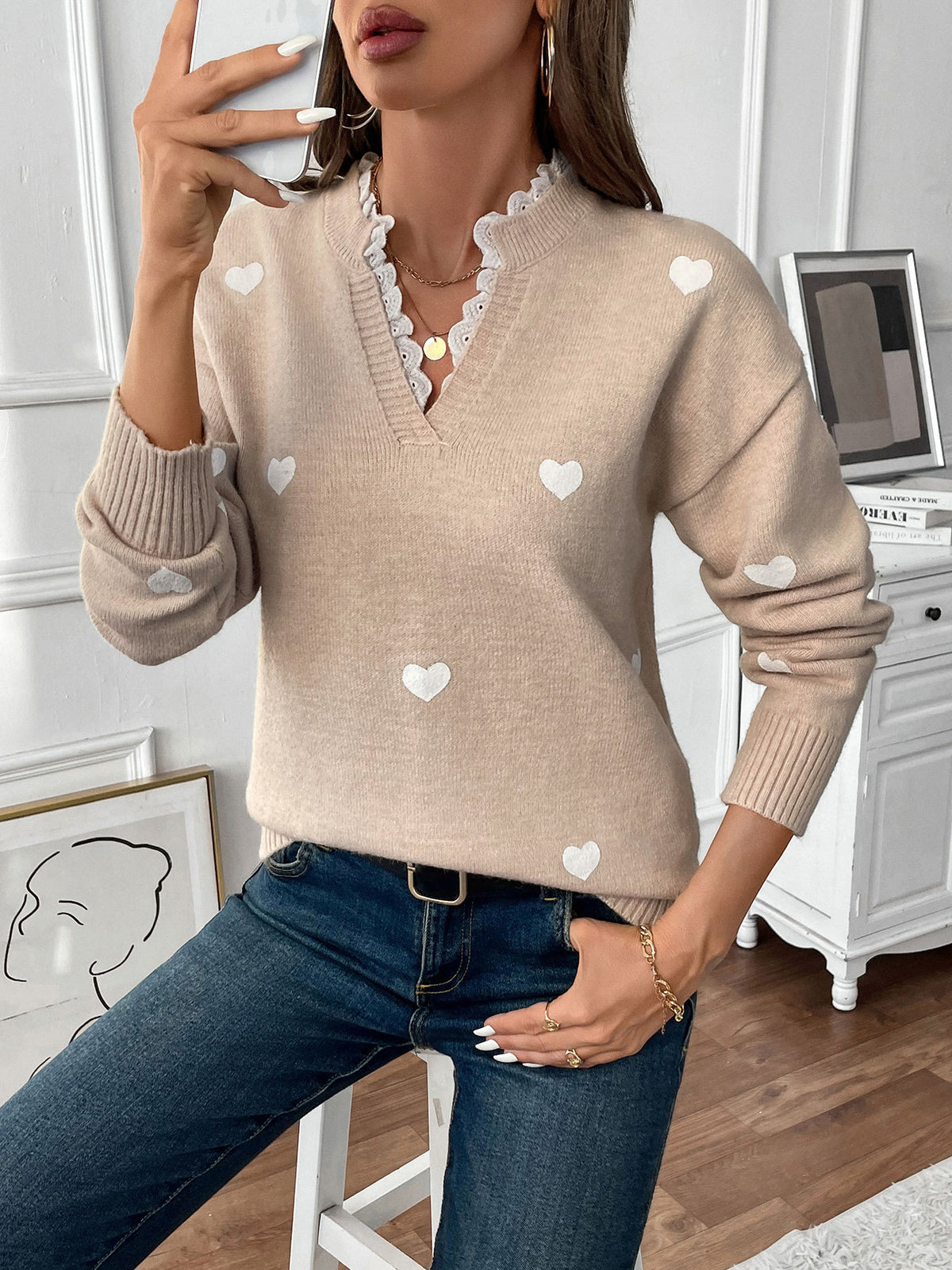 Women's Heart V-Neck Lace Trim Cozy Sweater