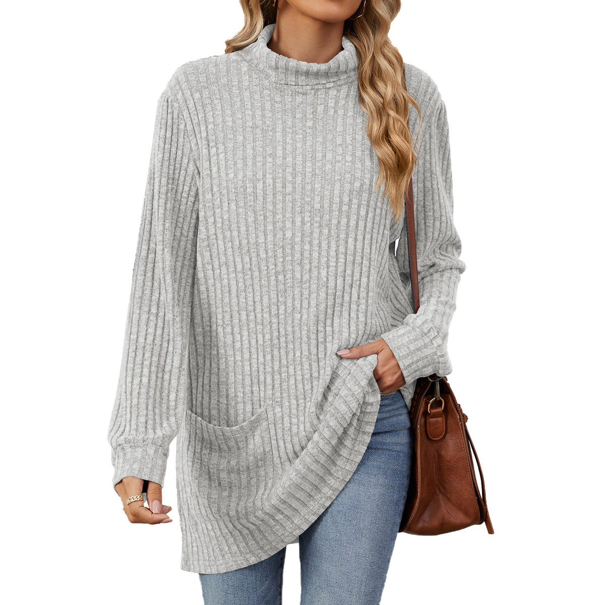 Women's Oversized Ribbed Mock Neck Tunic with Pockets