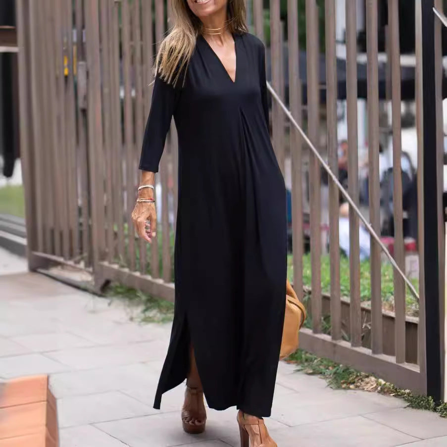 V-Neck 3/4 Sleeve Side Slit Maxi Dress