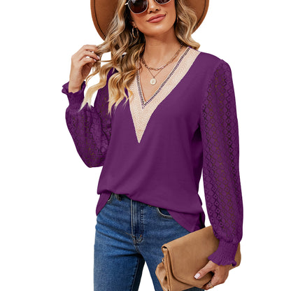 V-Neck Lace Long Sleeve Loose Fit Tunic Top