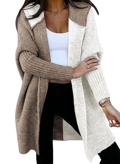 Oversized Hooded Color Block Open Front Long Cardigan