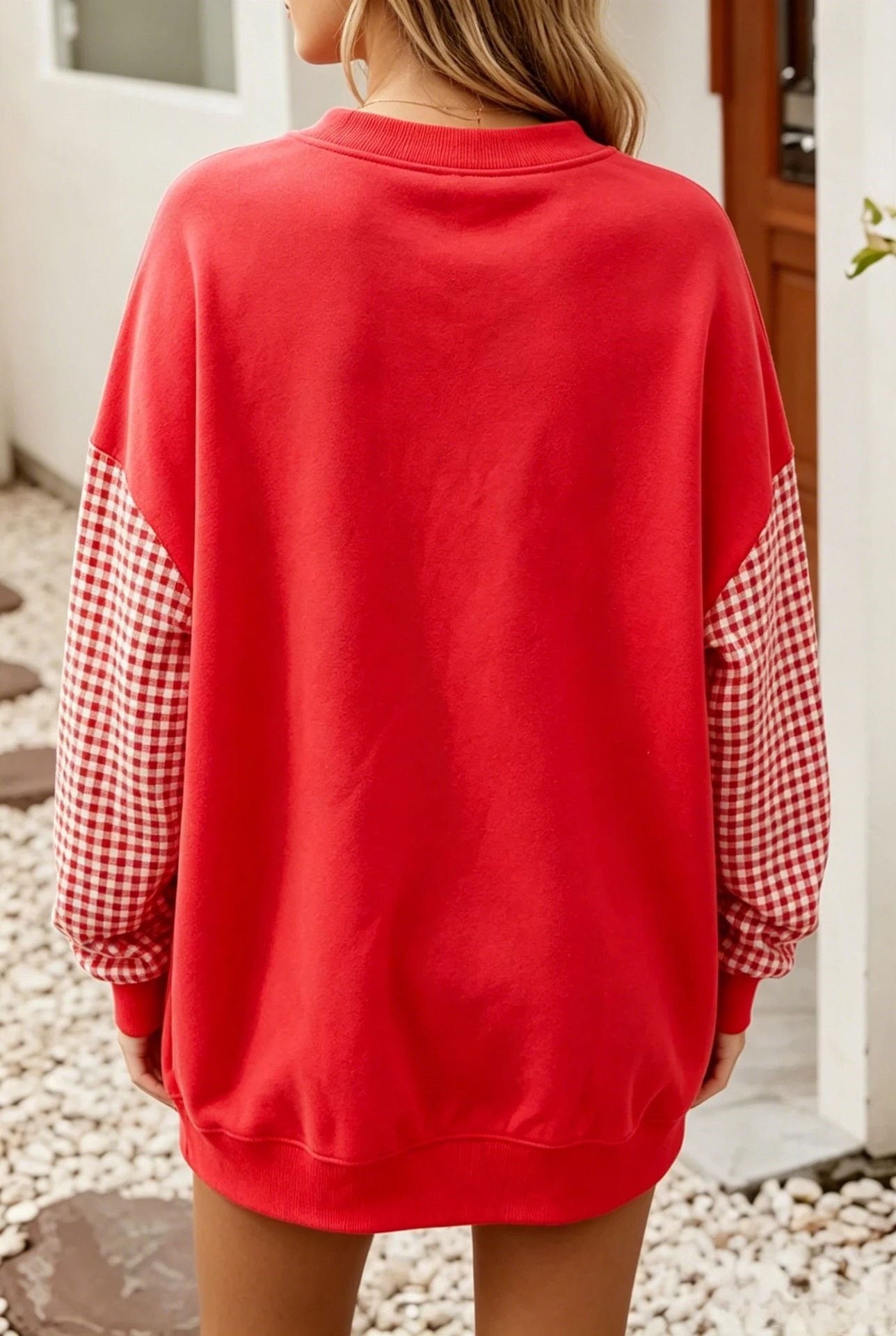 Gingham Sleeve Oversized Crewneck Sweatshirt