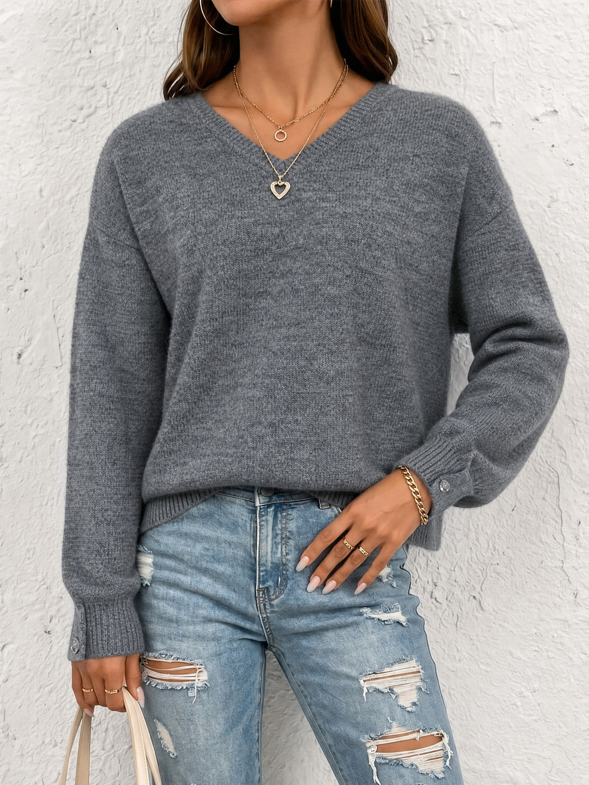 Womens V Neck Sweater Oversized Button Cuff Pullover