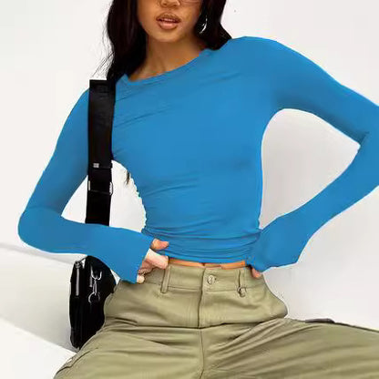 Women's Fitted Long Sleeve Crop Top Round Neck Basic Tee