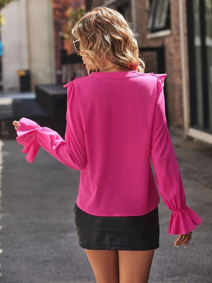 Women's Satin Ruffle Blouse V Neck Flare Sleeve