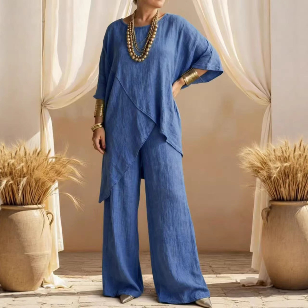 Women's Linen 2PC Set Asymmetric Hem Wide Leg Pants