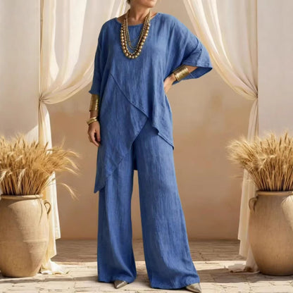Women's Linen 2PC Set Asymmetric Hem Wide Leg Pants