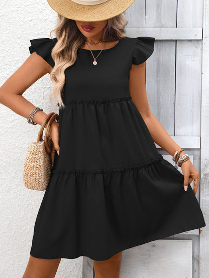 Solid Chiffon Mini Dress Boho Tiered Ruffle Flutter Sleeve