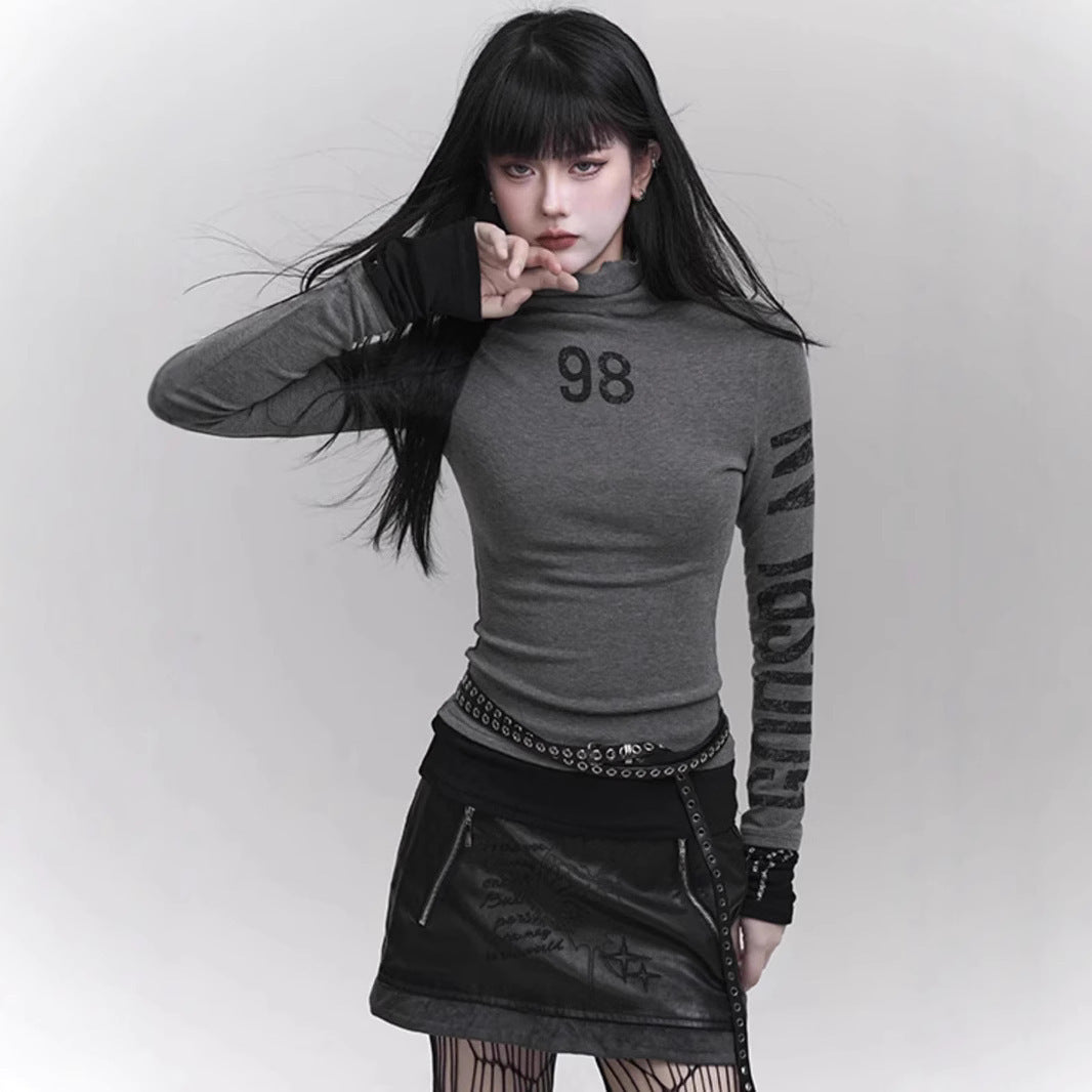 Women's Streetwear Graphic Turtleneck Slim Long Sleeve Top