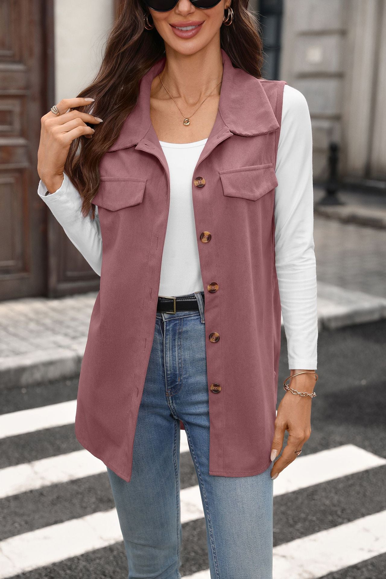 Corduroy Vest Button Front Sleeveless Longline Jacket