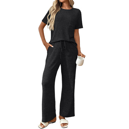 Short Sleeve Ribbed Knit Lounge Set with Drawstring Pants