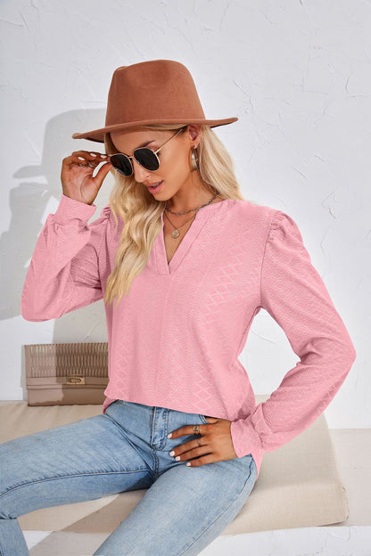 Women's V Neck Puff Sleeve Textured Tunic Top Long Sleeve