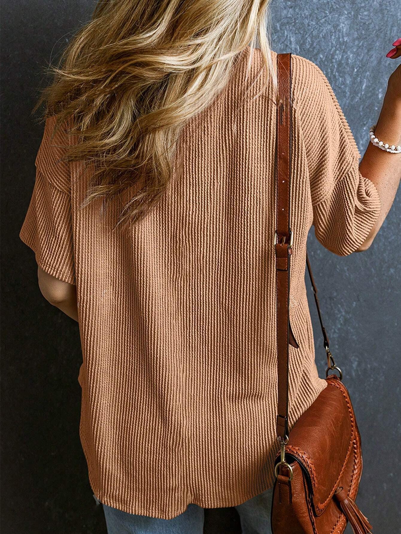 Women’s Ribbed V Neck Short Sleeve Pocket Tee