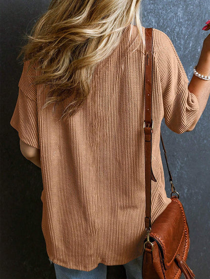 Women’s Ribbed V Neck Short Sleeve Pocket Tee