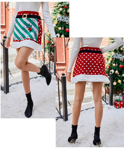 Christmas Knit A-Line Skirt with Belt and Embroidery