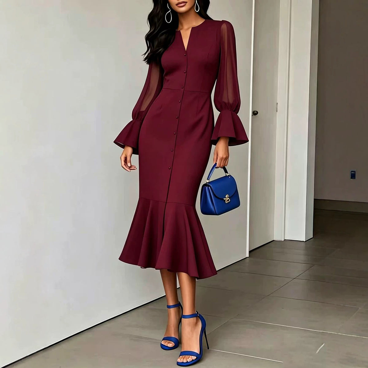 Women's V-Neck Chiffon Bell Sleeve Midi Mermaid Dress