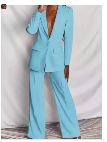 Women's Solid Blazer Pants Set Business Casual Suit