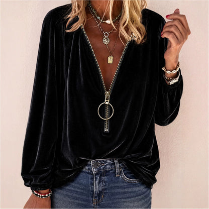 Women's Velvet Zip Front V-Neck Long Sleeve Top