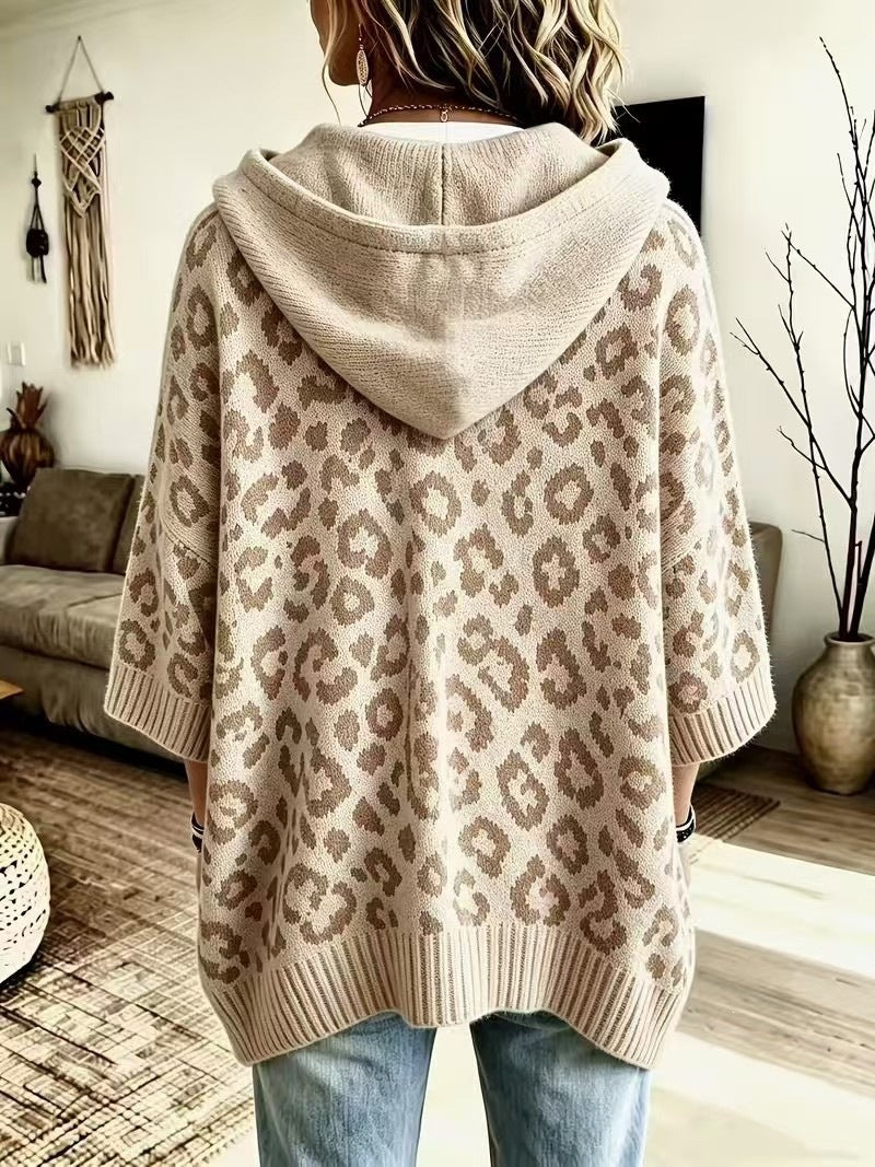 Women's Leopard Print Oversized Hooded Knit Sweater