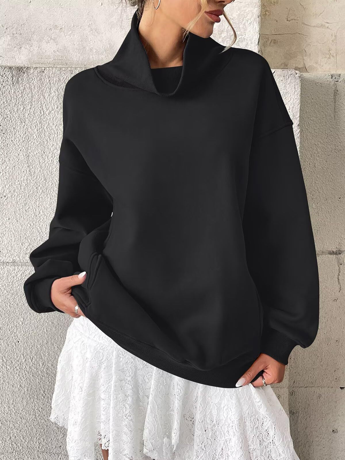Fleece Mock Neck Oversized Sweatshirt Casual Pullover
