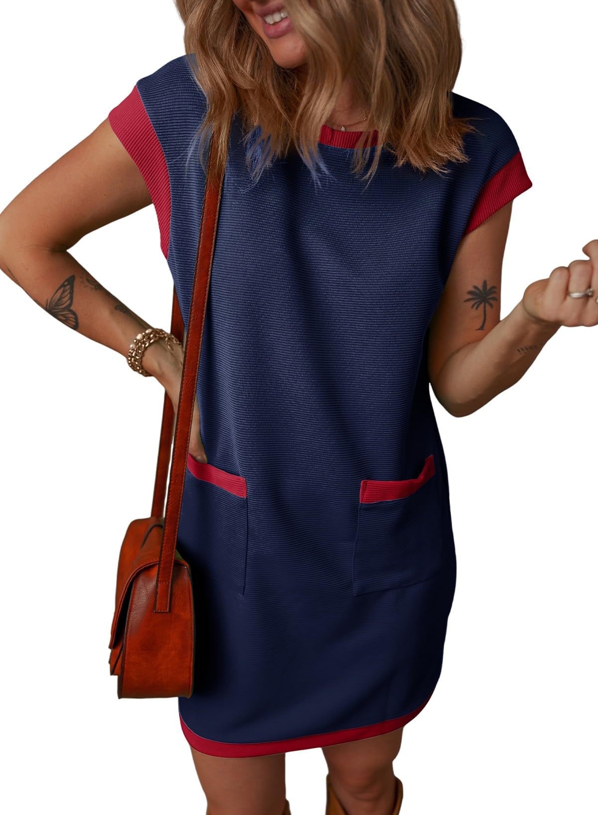 Colorblock Pocket T Shirt Mini Dress Casual Loose Fit