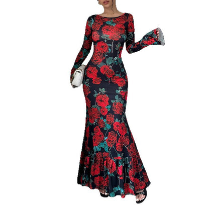 Women's Rose Print Bell Sleeve Bodycon Maxi Dress