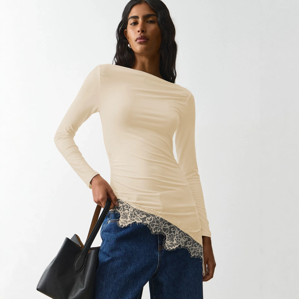 Lace Trim Long Sleeve Fitted Sexy Going Out Top