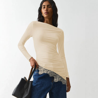 Lace Trim Long Sleeve Fitted Sexy Going Out Top