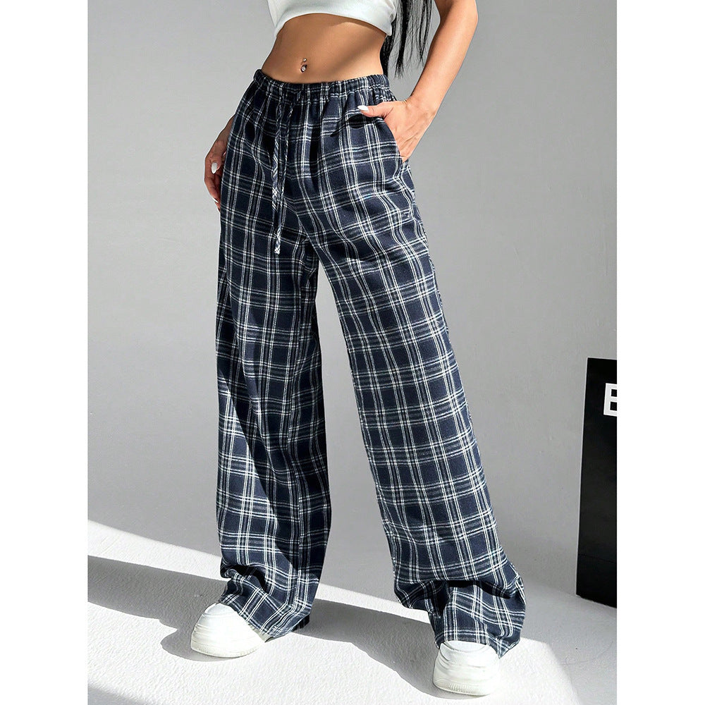 Plaid Wide Leg Pants Drawstring Casual Lounge Pants