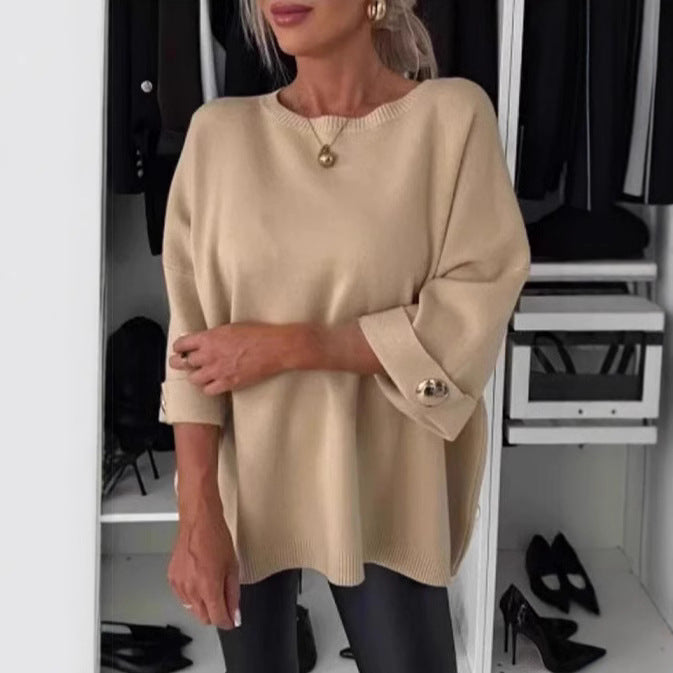 Women's Oversized Crewneck Pullover Button Sleeve