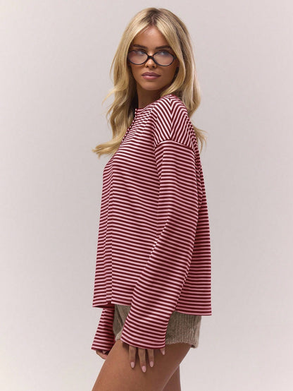 Striped Henley Long Sleeve Oversized Tee Top