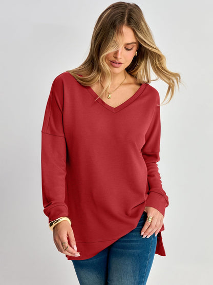 Waffle Knit Top V Neck Side Slit Relaxed Fit
