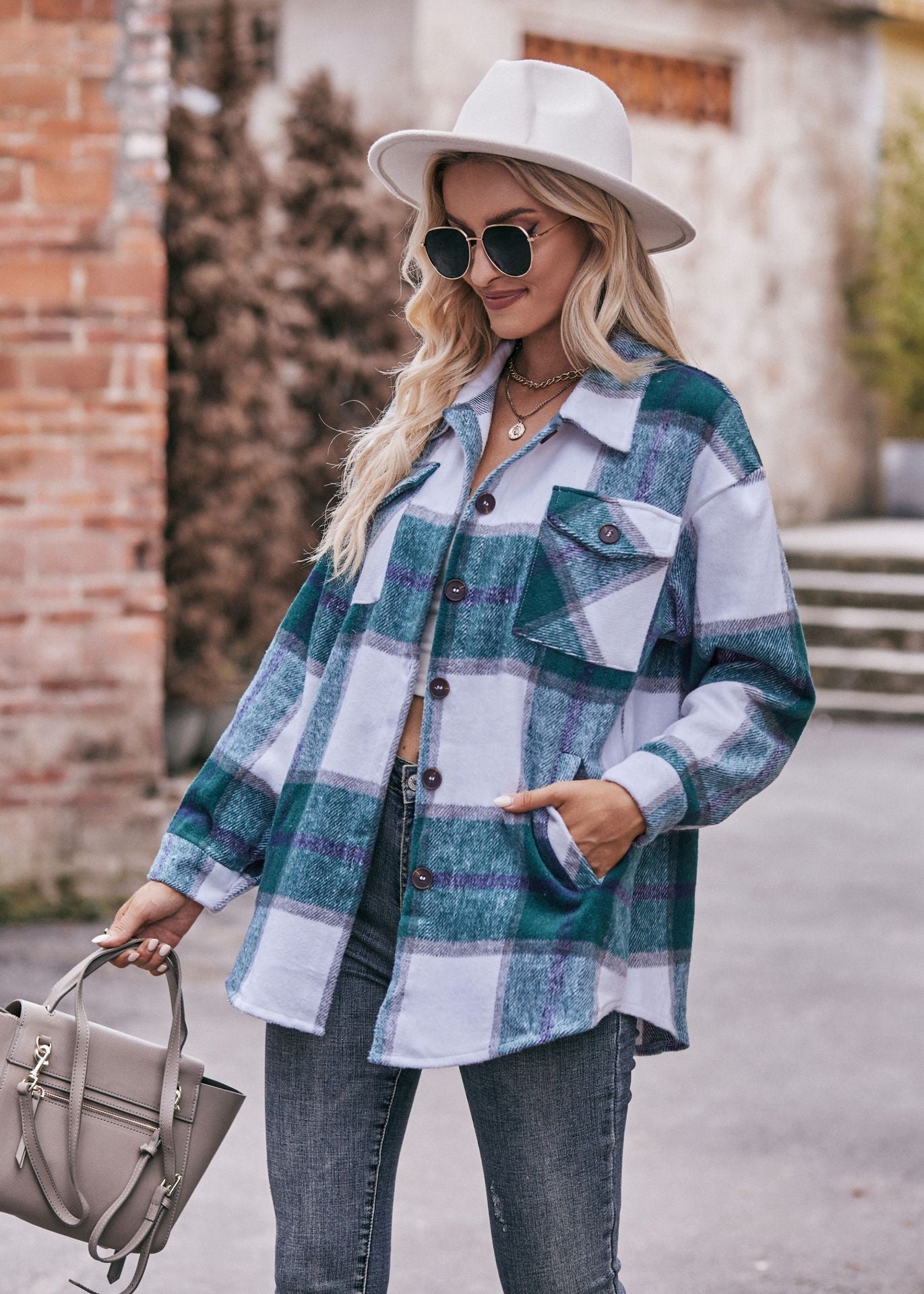 Plaid Flannel Shacket Button Front Pocket Oversized Jacket