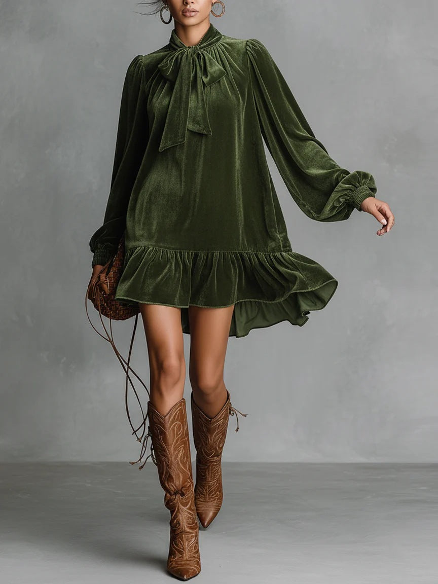 Women's Velvet Tie Neck Long Sleeve Ruffle Mini Dress