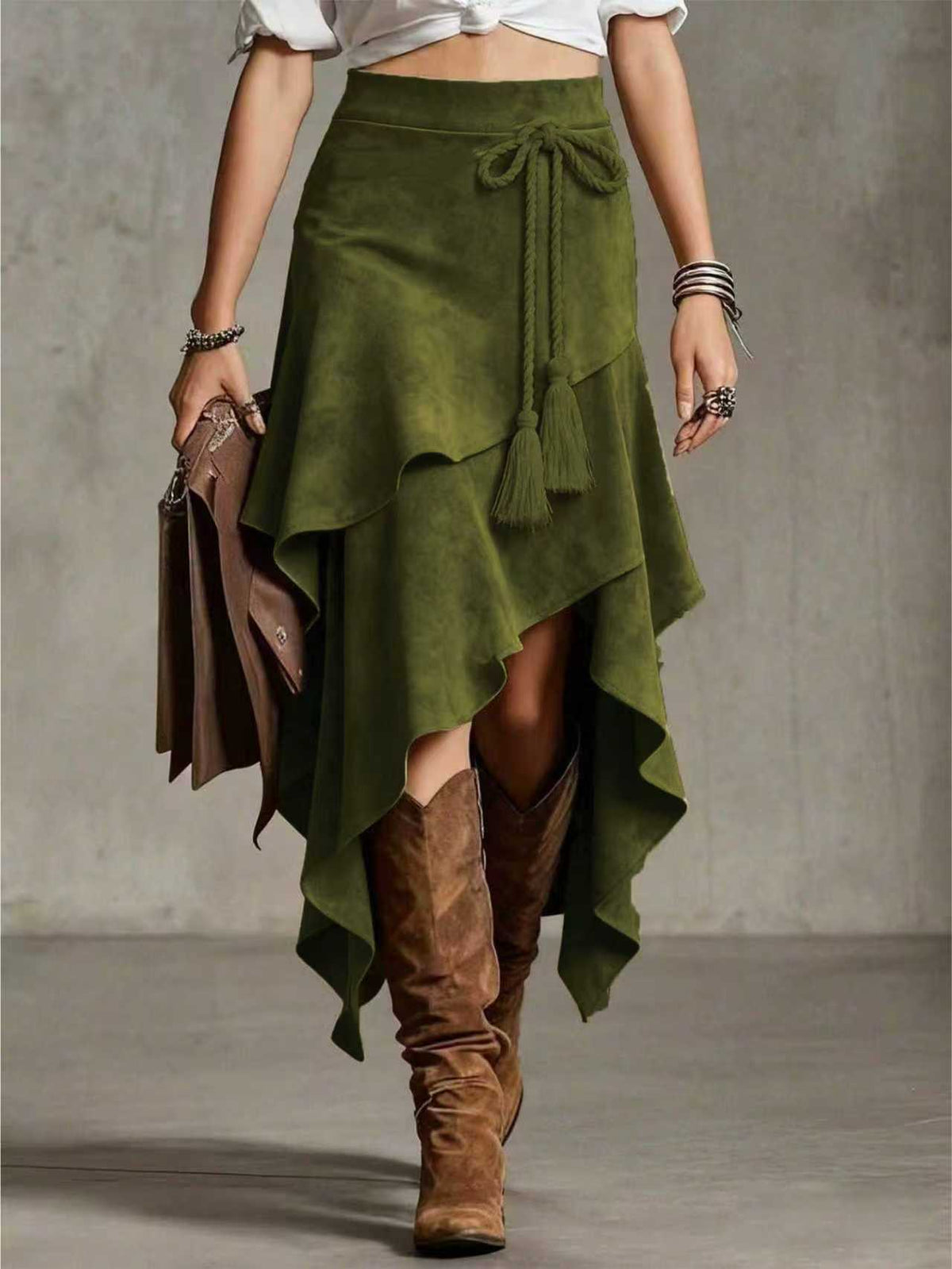 Western Faux Suede Asymmetrical Midi Skirt