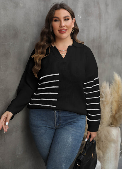 Women's Contrasting Splicing Striped POLO Neck Pullover Sweater