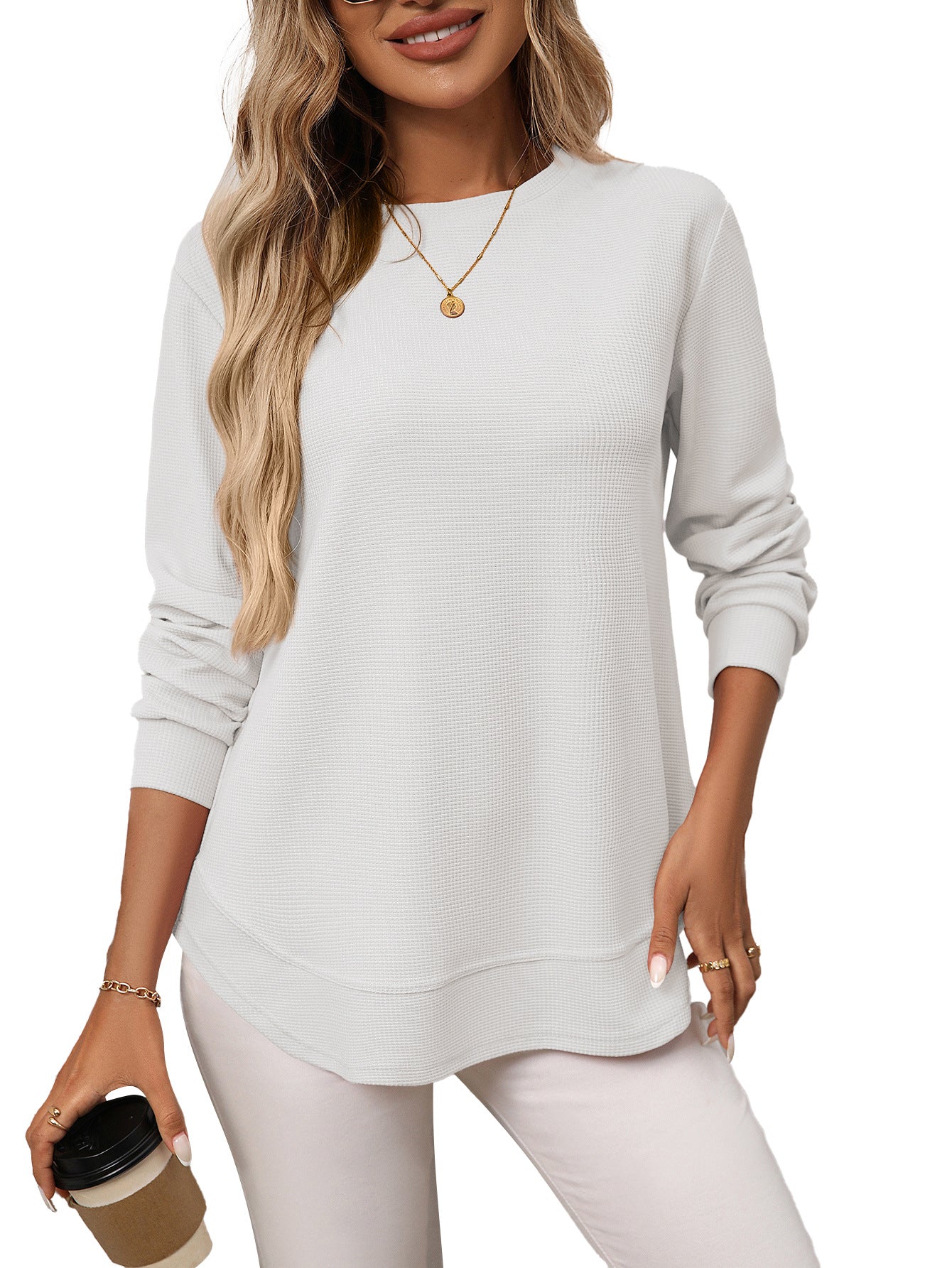 Solid waffle knit tunic top layered curved hem