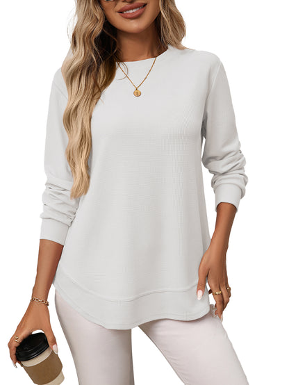 Solid waffle knit tunic top layered curved hem