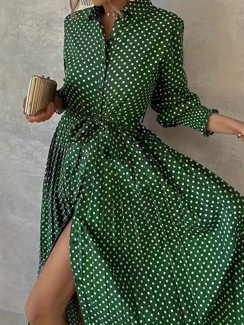 Polka Dot Maxi Dress Long Sleeve Collared Button Pleated