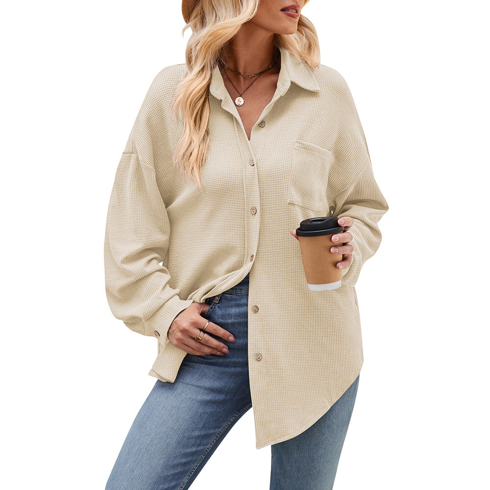 Women’s Casual Loose Fit Button Down Waffle Knit Shirt Jacket