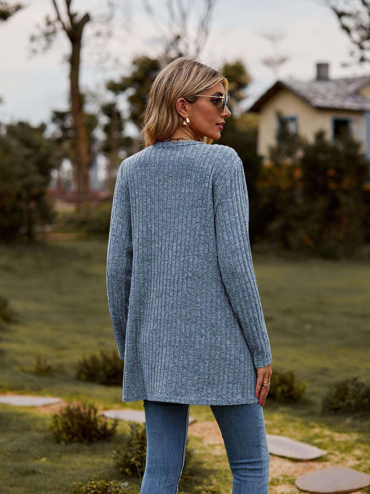 Ribbed Knit Cardigan Long Sleeve Button Pocket Sweater