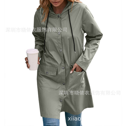 Women's Long Hooded Waterproof Trench Jacket