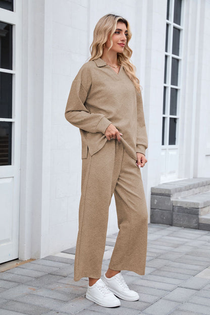 Women's Lounge Set Long Sleeve Collar Top Wide Leg Pants