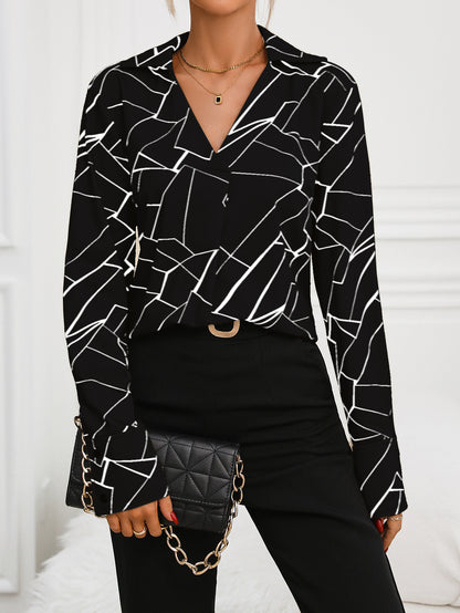 Women's Geometric Print V-Neck Long Sleeve Collared Blouse