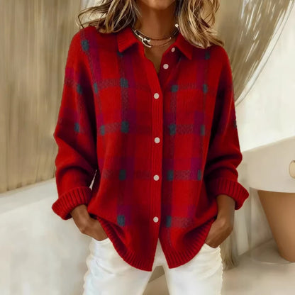 Women's Oversized Plaid Collared Cardigan Sweater