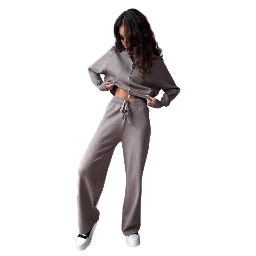 Women's Knit Lounge Set Zip Up Top Wide Leg Pants