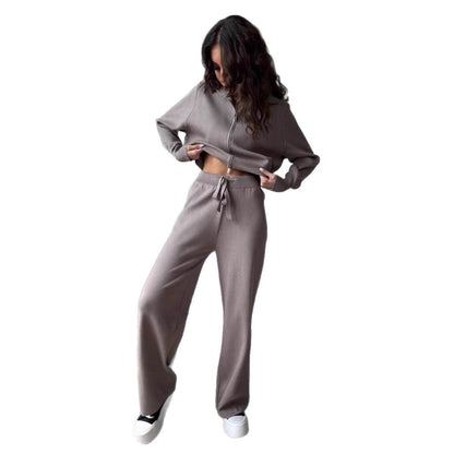 Women's Knit Lounge Set Zip Up Top Wide Leg Pants